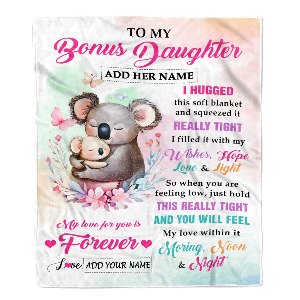 Personalized To My Bonus Daughter Gifts From Step Mom Blanket Koala Letter I Hugged This Gifts For Stepdaughter Birthday Graduation Christmas Fleece Blanket | teecentury