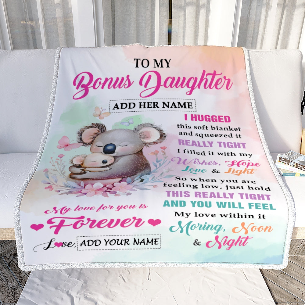Personalized To My Bonus Daughter Gifts From Step Mom Blanket Koala Letter I Hugged This Gifts For Stepdaughter Birthday Graduation Christmas Fleece Blanket | teecentury
