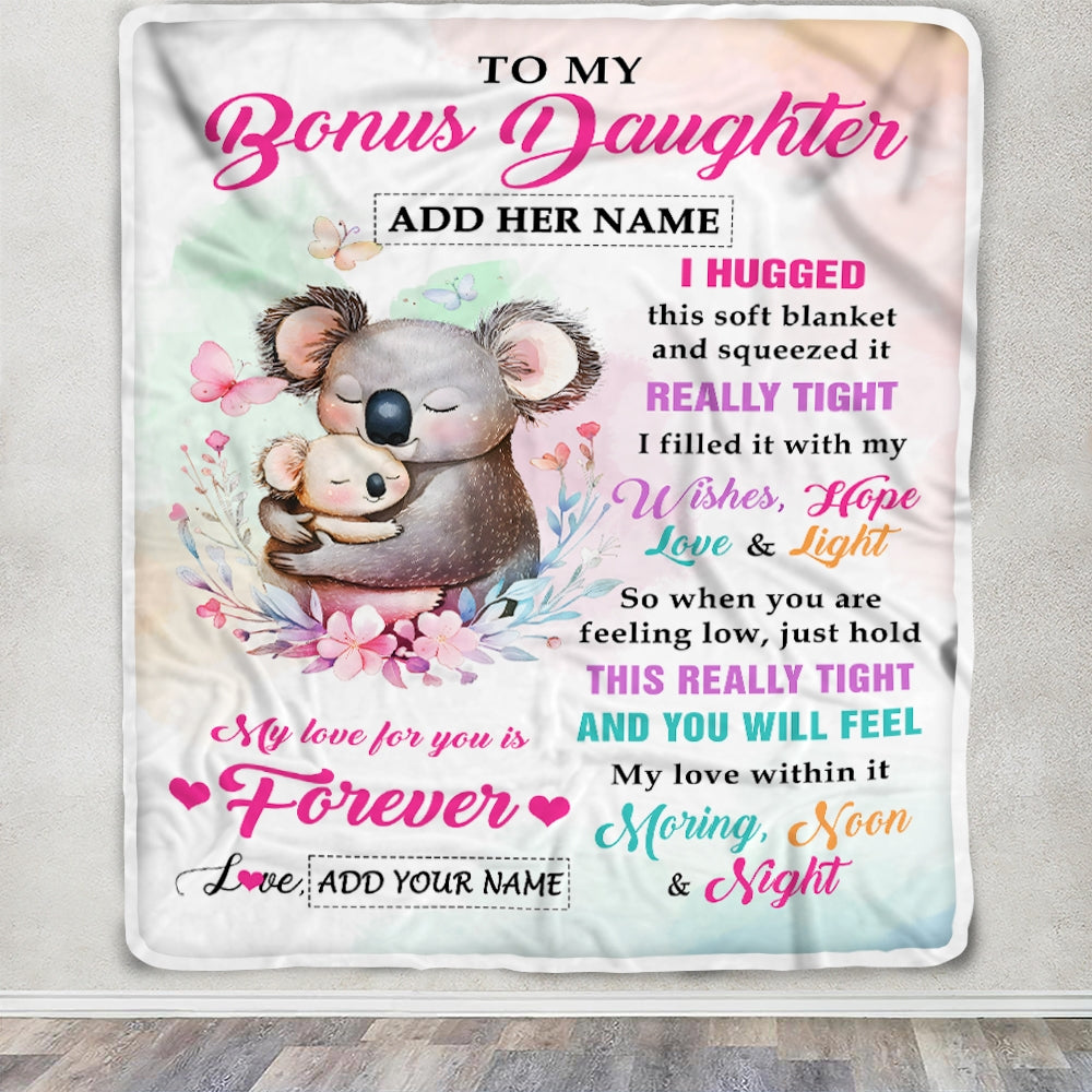 Personalized To My Bonus Daughter Gifts From Step Mom Blanket Koala Letter I Hugged This Gifts For Stepdaughter Birthday Graduation Christmas Fleece Blanket | teecentury