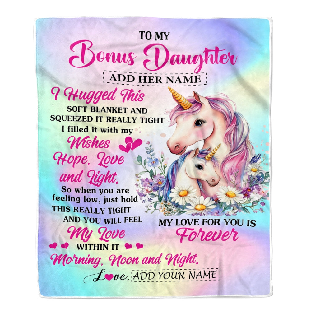 Personalized To My Bonus Daughter Gifts From Step Mom Blanket Unicorn Letter I Hugged This Gifts For Stepdaughter Birthday Graduation Christmas Fleece Blanket | teecentury