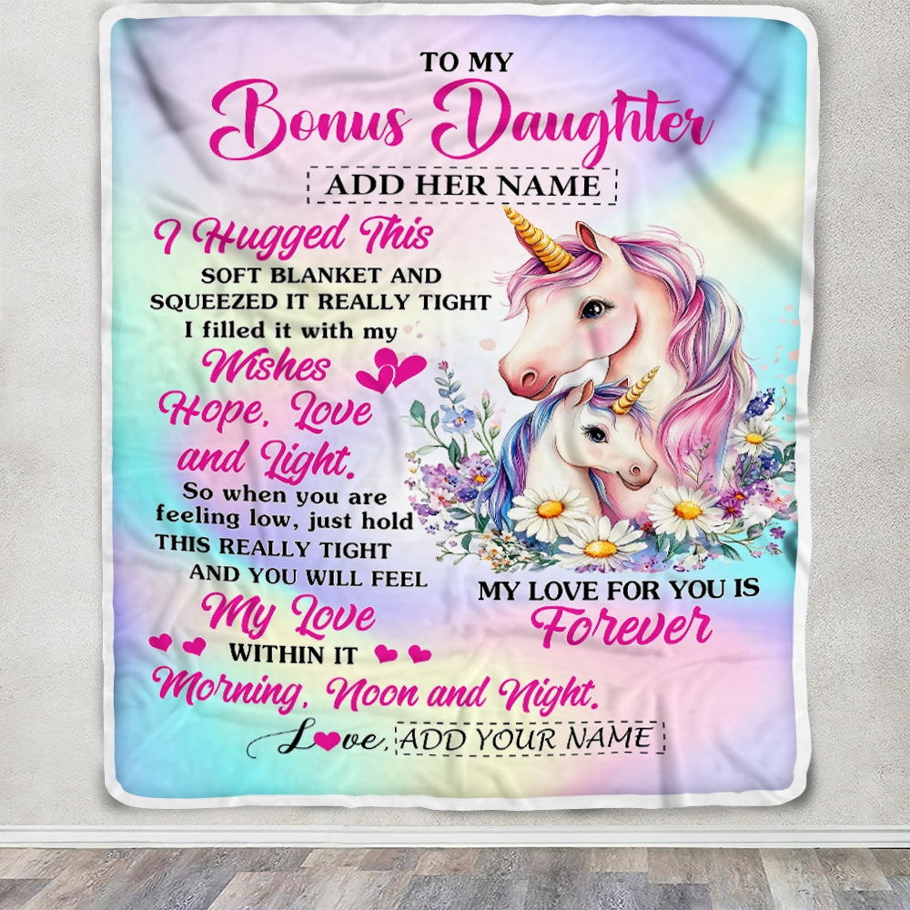 Personalized To My Bonus Daughter Gifts From Step Mom Blanket Unicorn Letter I Hugged This Gifts For Stepdaughter Birthday Graduation Christmas Fleece Blanket | teecentury