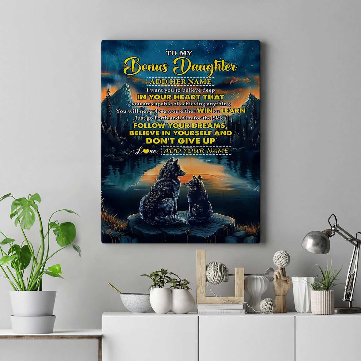 Personalized To My Bonus Daughter Gifts From Step Mom Canvas Don't Give Up Wolf Gifts For Stepdaughter Birthday Graduation Christmas Custom Wall Art Print Framed Canvas | teecentury