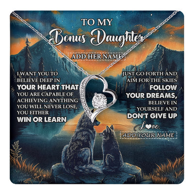 Forever Love Necklace 14K White Gold Finish | 1 | Personalized To My Bonus Daughter Gifts From Step Mom Necklace Don't Give Up Wolf Gifts For Stepdaughter Birthday Graduation Christmas Gift Box Message Card | teecentury