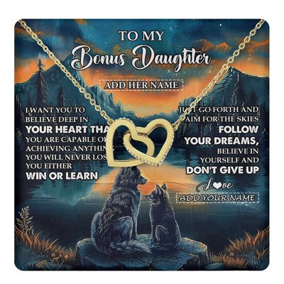 Interlocking Hearts Necklace 18K Yellow Gold Finish | 1 | Personalized To My Bonus Daughter Gifts From Step Mom Necklace Don't Give Up Wolf Gifts For Stepdaughter Birthday Graduation Christmas Gift Box Message Card | teecentury