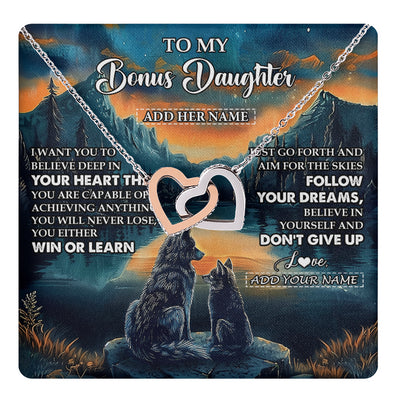 Interlocking Hearts Necklace Stainless Steel & Rose Gold Finish | 1 | Personalized To My Bonus Daughter Gifts From Step Mom Necklace Don't Give Up Wolf Gifts For Stepdaughter Birthday Graduation Christmas Gift Box Message Card | teecentury