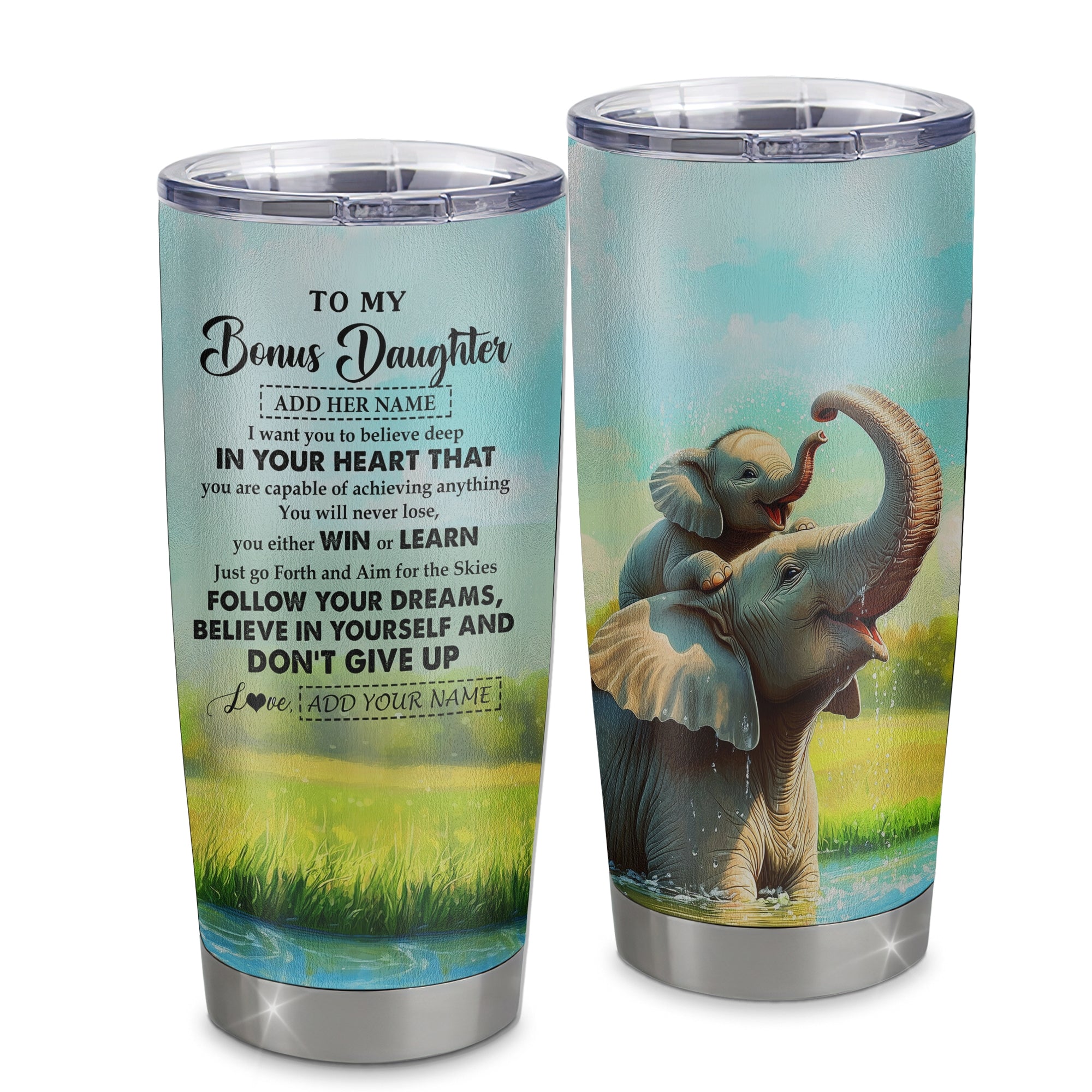 Personalized To My Bonus Daughter Gifts From Step Mom Tumbler Don't Give Up Elephant Gifts For Stepdaughter Birthday Graduation Christmas Custom Stainless Steel Mug | teecentury