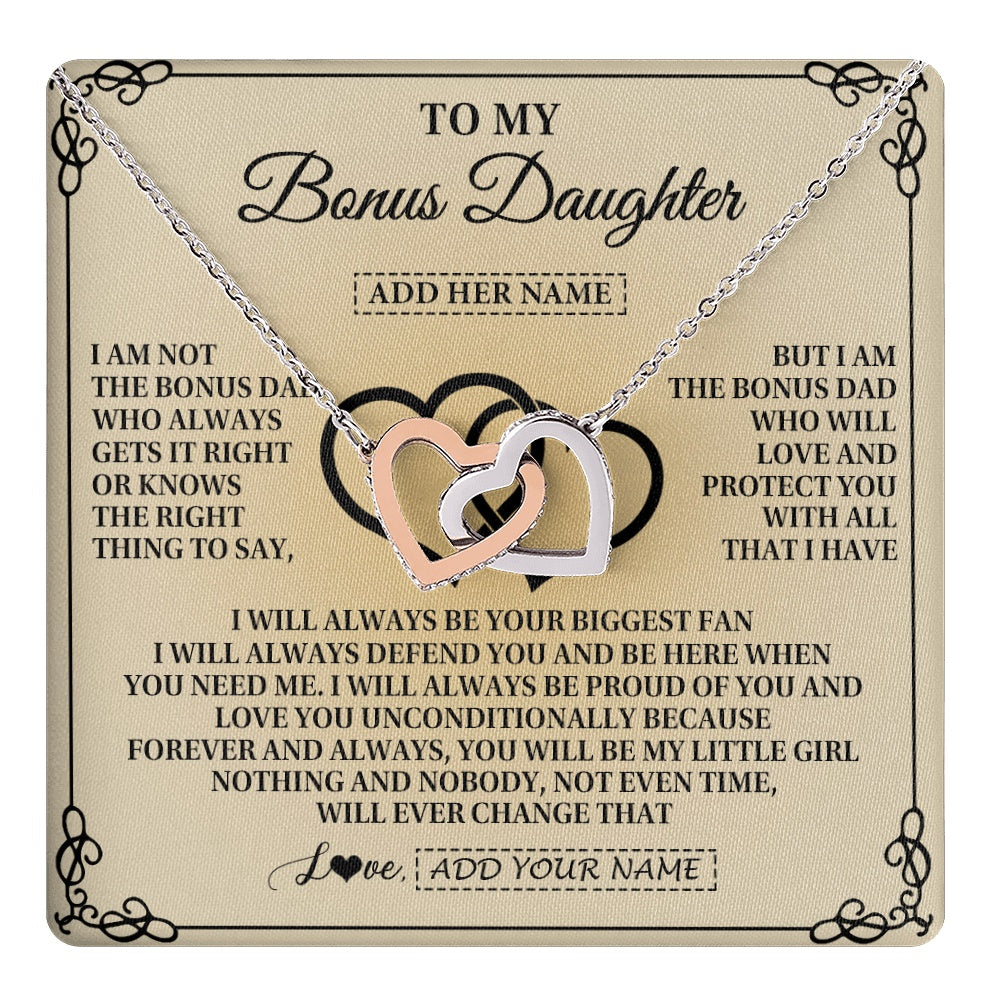 Interlocking Hearts Necklace Stainless Steel & Rose Gold Finish | 1 | Personalized To My Bonus Daughter Gifts From Stepdad Bonus Daughter Birthday Gifts Jewelry Women Stepdaughter Pendant Necklace Christmas Gift Box Message Card | teecentury.myshopify