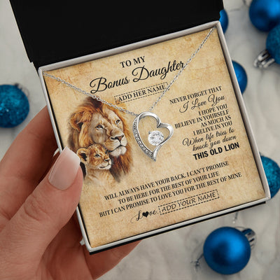 Forever Love Necklace 14K White Gold Finish | 2 | Personalized To My Bonus Daughter Gifts From Stepdad Lion Necklace I Love You Stepdaughter Birthday Gifts Graduation Christmas Custom Gift Box Message Card | teecentury.myshopify