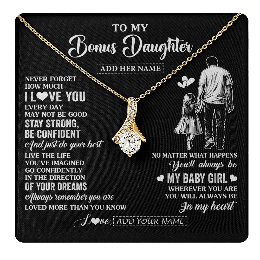 Alluring Beauty Necklace 18K Yellow Gold Finish | 1 | Personalized To My Bonus Daughter Gifts From Stepdad Necklace Never Forget How Much I Love You Stepdaughter Birthday Graduation Christmas Gift Box Message Card | https://teecentury.
