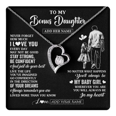 Forever Love Necklace 14K White Gold Finish | 1 | Personalized To My Bonus Daughter Gifts From Stepdad Necklace Never Forget How Much I Love You Stepdaughter Birthday Graduation Christmas Gift Box Message Card | https://teecentury.