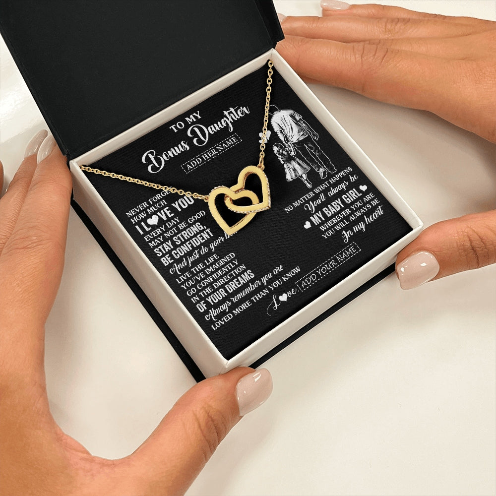 Interlocking Hearts Necklace 18K Yellow Gold Finish | 2 | Personalized To My Bonus Daughter Gifts From Stepdad Necklace Never Forget How Much I Love You Stepdaughter Birthday Graduation Christmas Gift Box Message Card | https://teecentury.