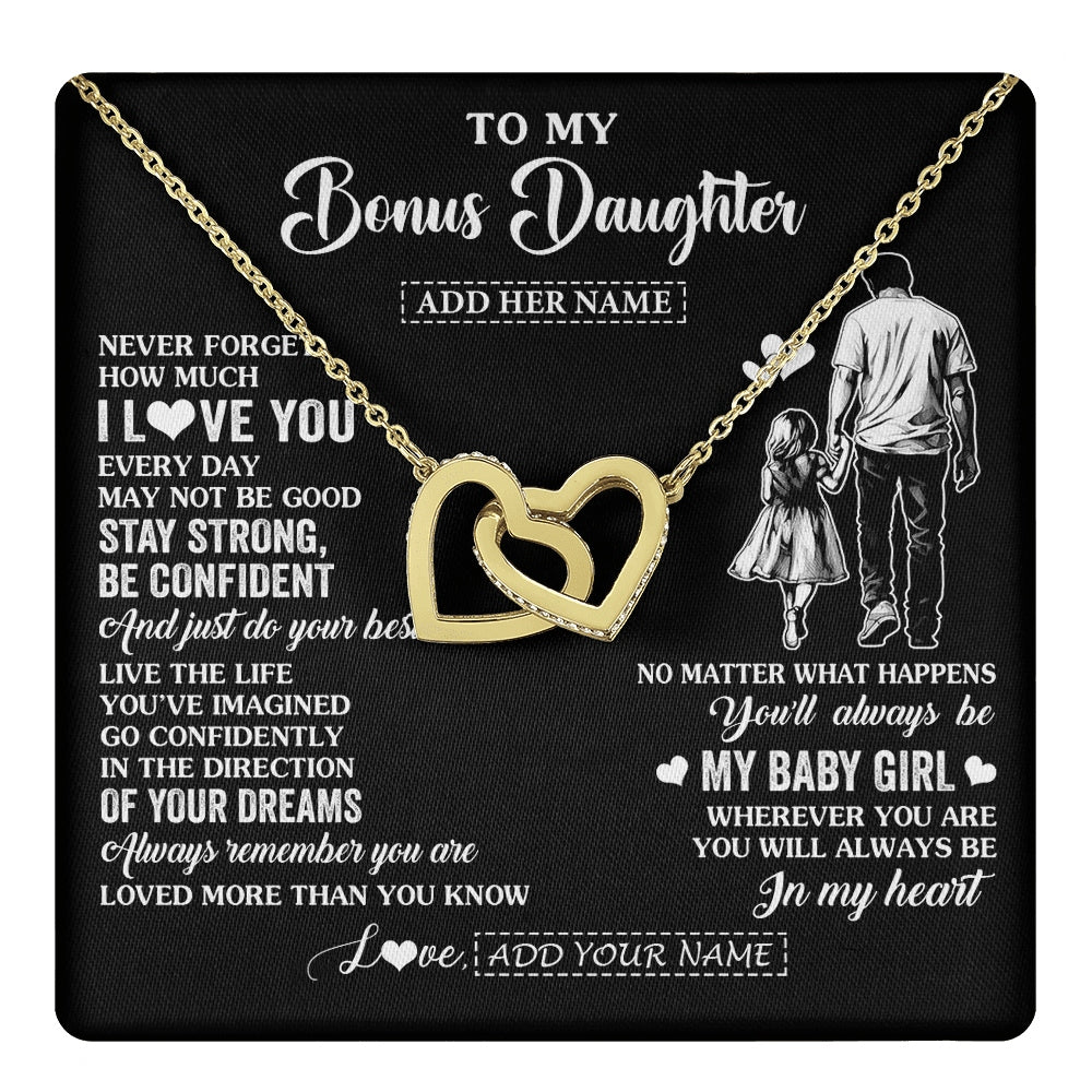 Interlocking Hearts Necklace 18K Yellow Gold Finish | 1 | Personalized To My Bonus Daughter Gifts From Stepdad Necklace Never Forget How Much I Love You Stepdaughter Birthday Graduation Christmas Gift Box Message Card | https://teecentury.