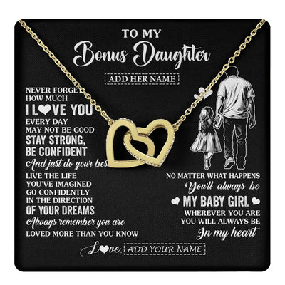 Interlocking Hearts Necklace 18K Yellow Gold Finish | 1 | Personalized To My Bonus Daughter Gifts From Stepdad Necklace Never Forget How Much I Love You Stepdaughter Birthday Graduation Christmas Gift Box Message Card | https://teecentury.