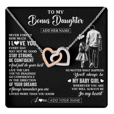 Interlocking Hearts Necklace Stainless Steel & Rose Gold Finish | 1 | Personalized To My Bonus Daughter Gifts From Stepdad Necklace Never Forget How Much I Love You Stepdaughter Birthday Graduation Christmas Gift Box Message Card | https://teecentury.