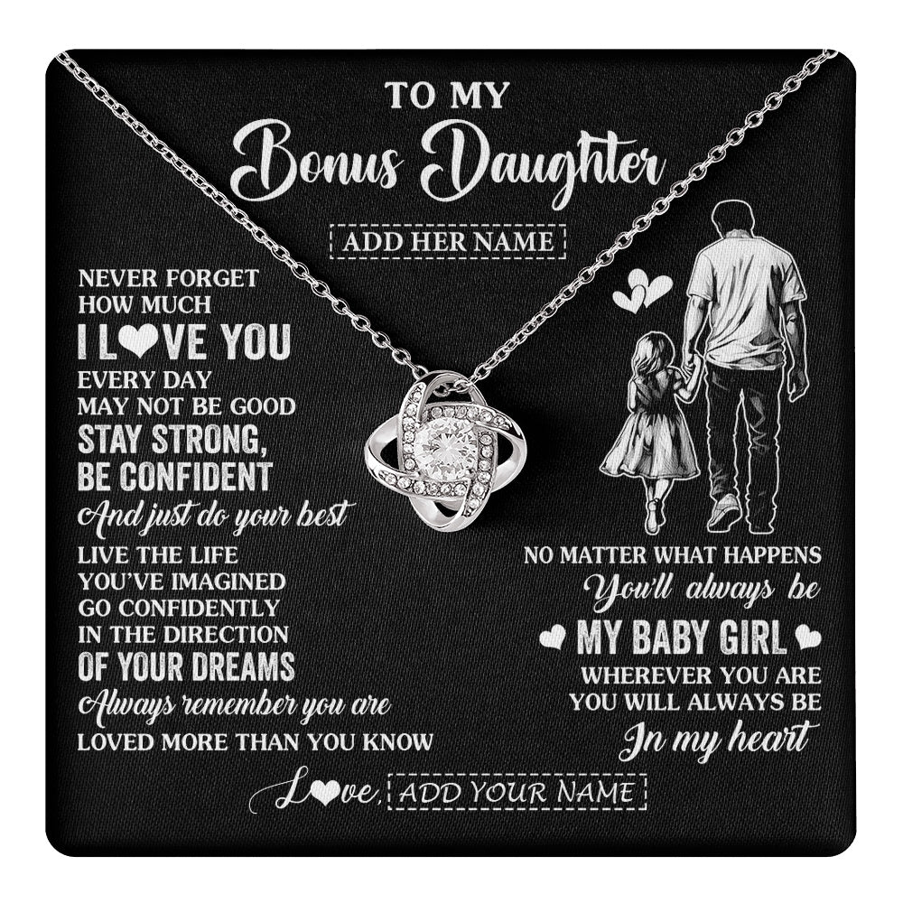 Love Knot Necklace 14K White Gold Finish | 1 | Personalized To My Bonus Daughter Gifts From Stepdad Necklace Never Forget How Much I Love You Stepdaughter Birthday Graduation Christmas Gift Box Message Card | https://teecentury.