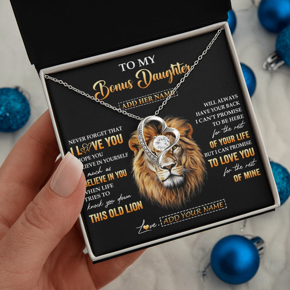 Forever Love Necklace 14K White Gold Finish | 2 | Personalized To My Bonus Daughter Gifts From Stepdad Necklace Old Lion Love You Stepdaughter Birthday Gifts Graduation Christmas Custom Gift Box Message Card | teecentury.myshopify