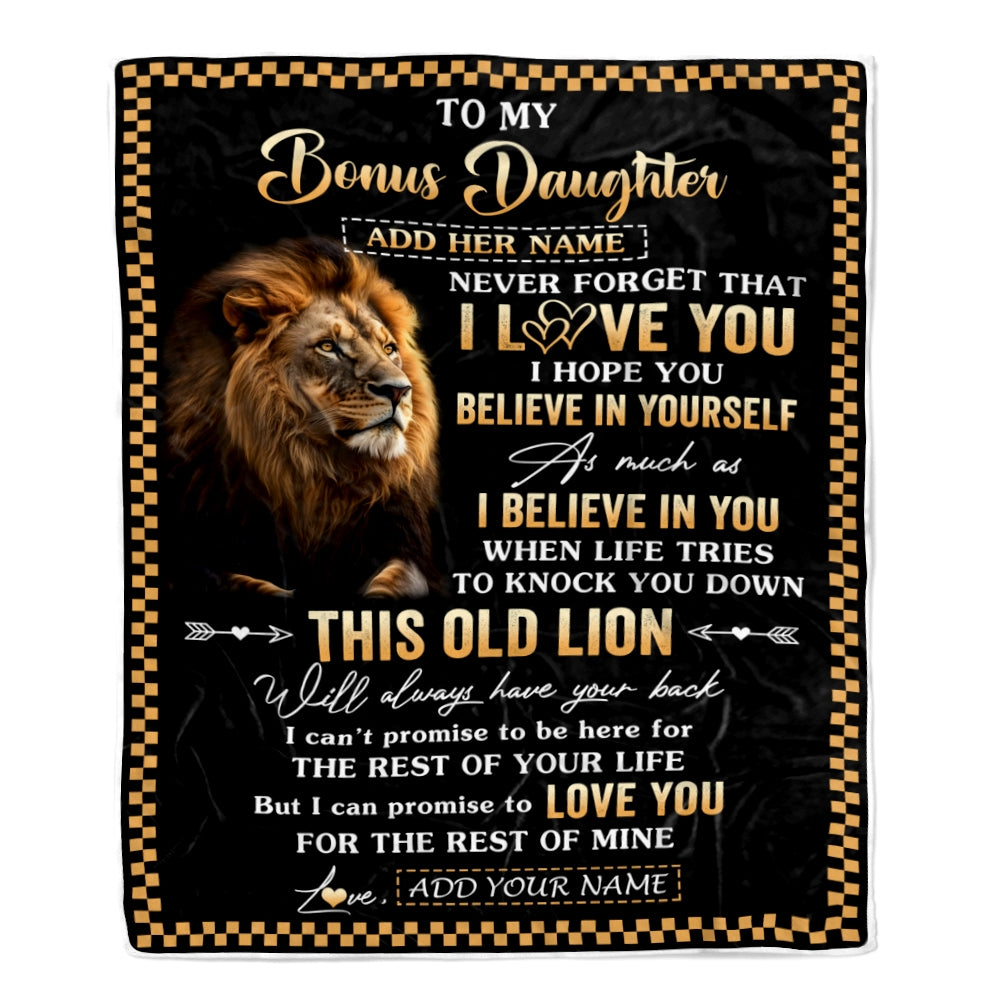 Personalized To My Bonus Daughter Gifts From Stepdad Stepmom Blanket Old Lion Love You Stepdaughter Birthday Gifts Graduation Christmas Fleece Throw Blanket | teecentury