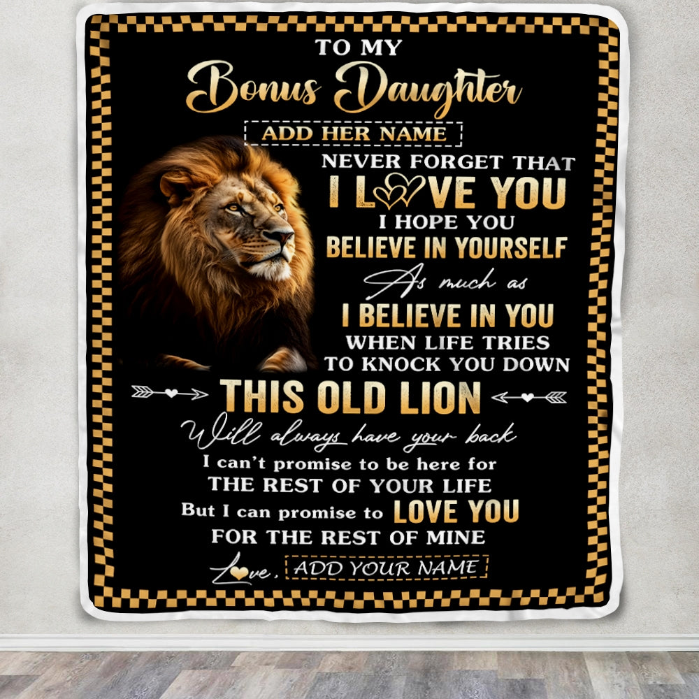 Personalized To My Bonus Daughter Gifts From Stepdad Stepmom Blanket Old Lion Love You Stepdaughter Birthday Gifts Graduation Christmas Fleece Throw Blanket | teecentury