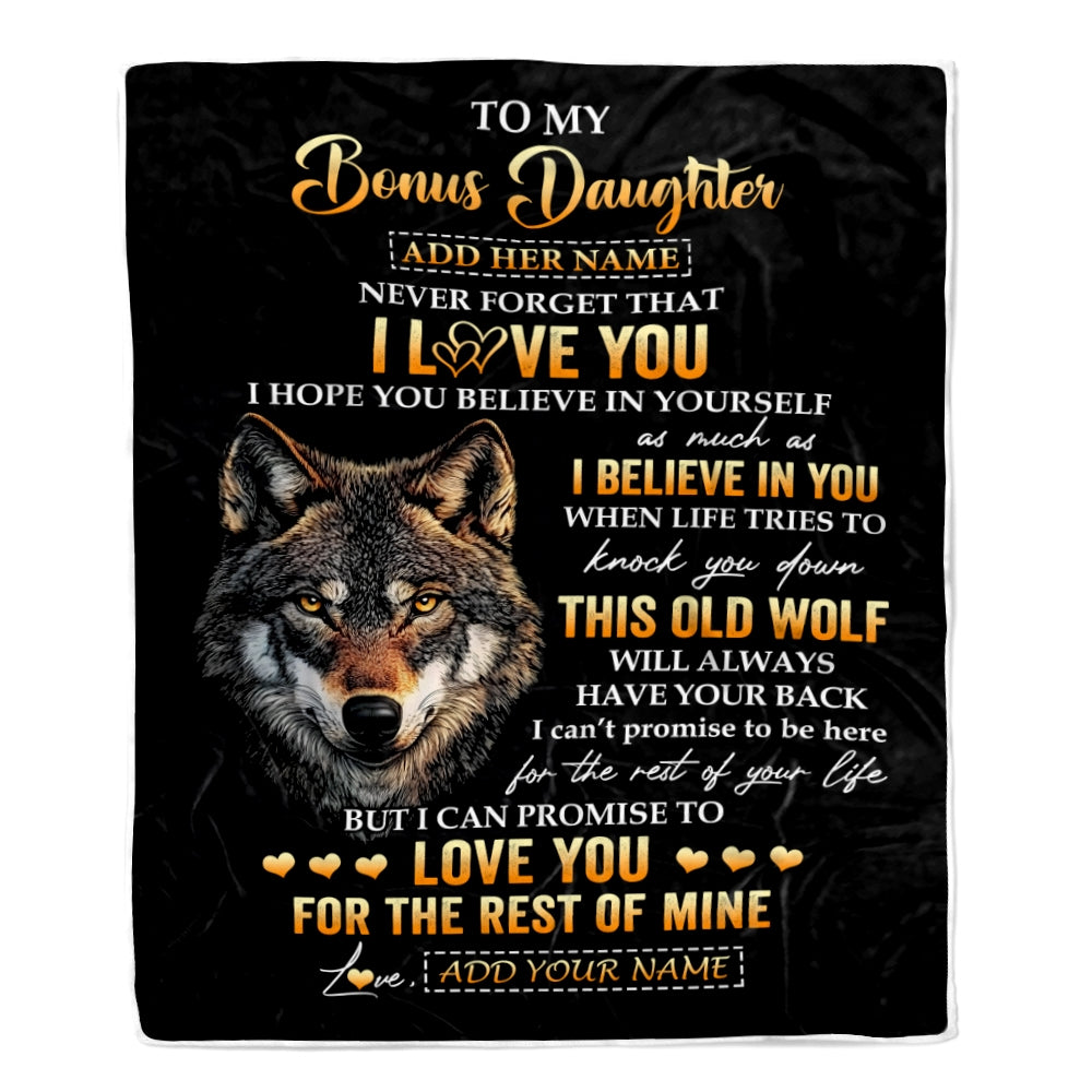 Personalized To My Bonus Daughter Gifts From Stepdad Stepmom Blanket Old Wolf Love You Stepdaughter Birthday Gifts Graduation Christmas Fleece Throw Blanket | teecentury