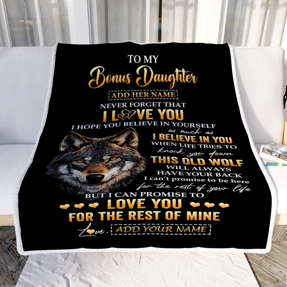 Personalized To My Bonus Daughter Gifts From Stepdad Stepmom Blanket Old Wolf Love You Stepdaughter Birthday Gifts Graduation Christmas Fleece Throw Blanket | teecentury