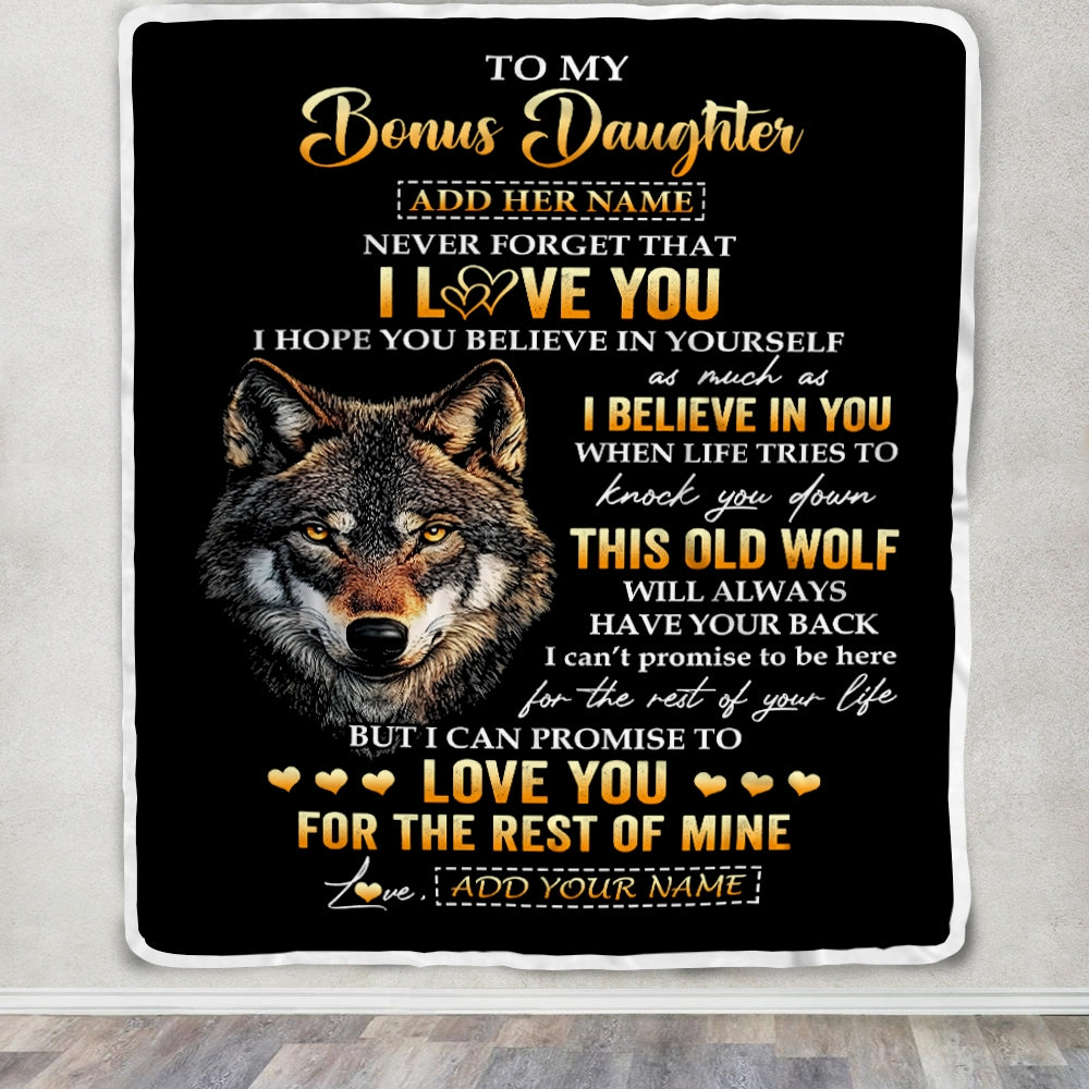 Personalized To My Bonus Daughter Gifts From Stepdad Stepmom Blanket Old Wolf Love You Stepdaughter Birthday Gifts Graduation Christmas Fleece Throw Blanket | teecentury