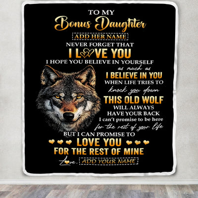 Personalized To My Bonus Daughter Gifts From Stepdad Stepmom Blanket Old Wolf Love You Stepdaughter Birthday Gifts Graduation Christmas Fleece Throw Blanket | teecentury