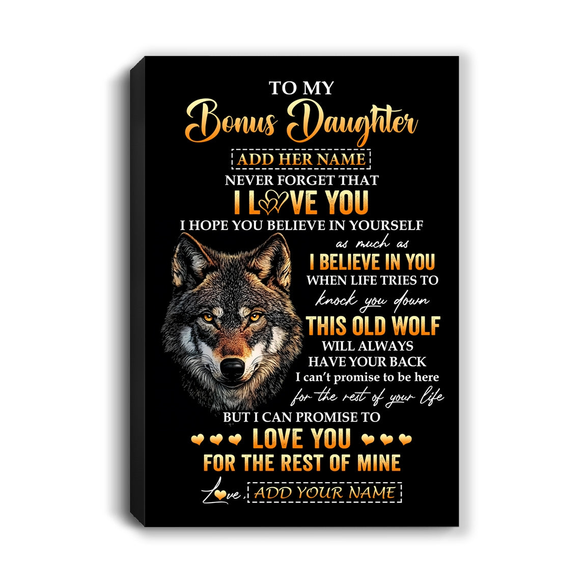 Personalized To My Bonus Daughter Gifts From Stepdad Stepmom Canvas Old Wolf Love You Stepdaughter Birthday Gifts Graduation Christmas Custom Print Framed Canvas | teecentury