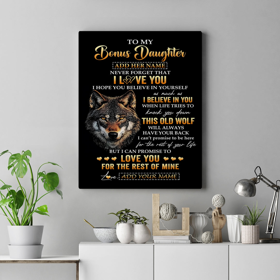 Personalized To My Bonus Daughter Gifts From Stepdad Stepmom Canvas Old Wolf Love You Stepdaughter Birthday Gifts Graduation Christmas Custom Print Framed Canvas | teecentury