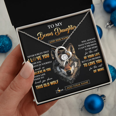 Forever Love Necklace 14K White Gold Finish | 2 | Personalized To My Bonus Daughter Gifts From Stepdad Stepmom Necklace Old Wolf Love You Stepdaughter Birthday Gifts Graduation Christmas Gift Box Message Card | teecentury