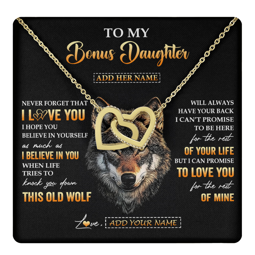 Interlocking Hearts Necklace 18K Yellow Gold Finish | 1 | Personalized To My Bonus Daughter Gifts From Stepdad Stepmom Necklace Old Wolf Love You Stepdaughter Birthday Gifts Graduation Christmas Gift Box Message Card | teecentury