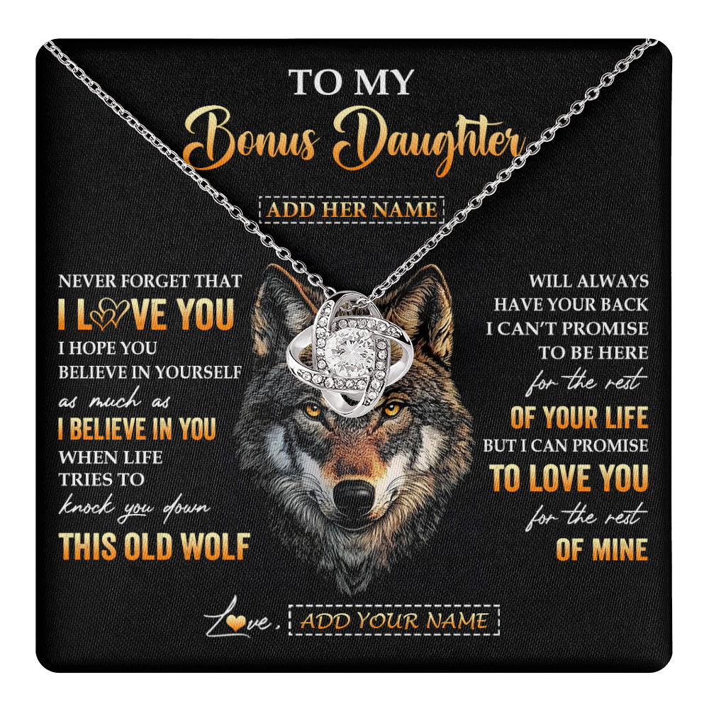 Love Knot Necklace 14K White Gold Finish | 1 | Personalized To My Bonus Daughter Gifts From Stepdad Stepmom Necklace Old Wolf Love You Stepdaughter Birthday Gifts Graduation Christmas Gift Box Message Card | teecentury