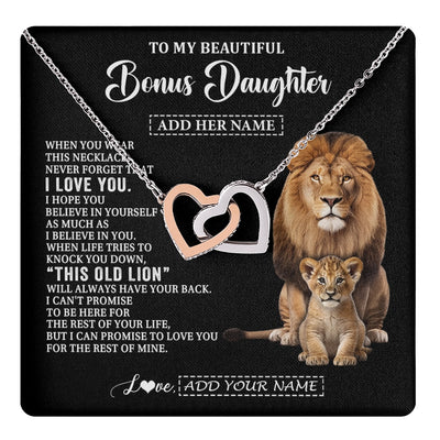 Interlocking Hearts Necklace Stainless Steel & Rose Gold Finish | 1 | Personalized To My Bonus Daughter Gifts From Stepfather Necklace This Old Lion Love You Stepdaughter Birthday Gifts Christmas Customized Gift Box Message Card | https://teecentury.