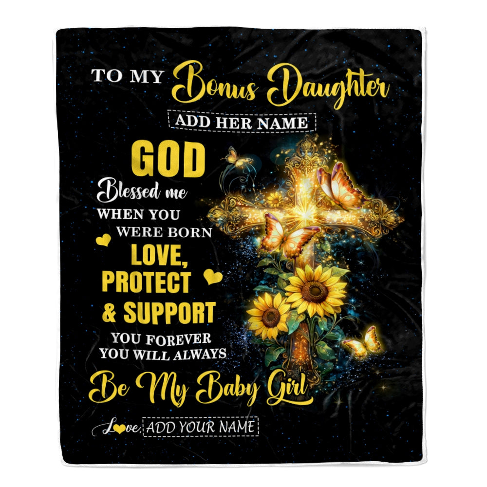 Personalized To My Bonus Daughter Gifts From Stepmom Blanket Cross Sunflower Christian Blessed Stepdaughter Birthday Gift Graduation Christmas Fleece Blanket | teecentury