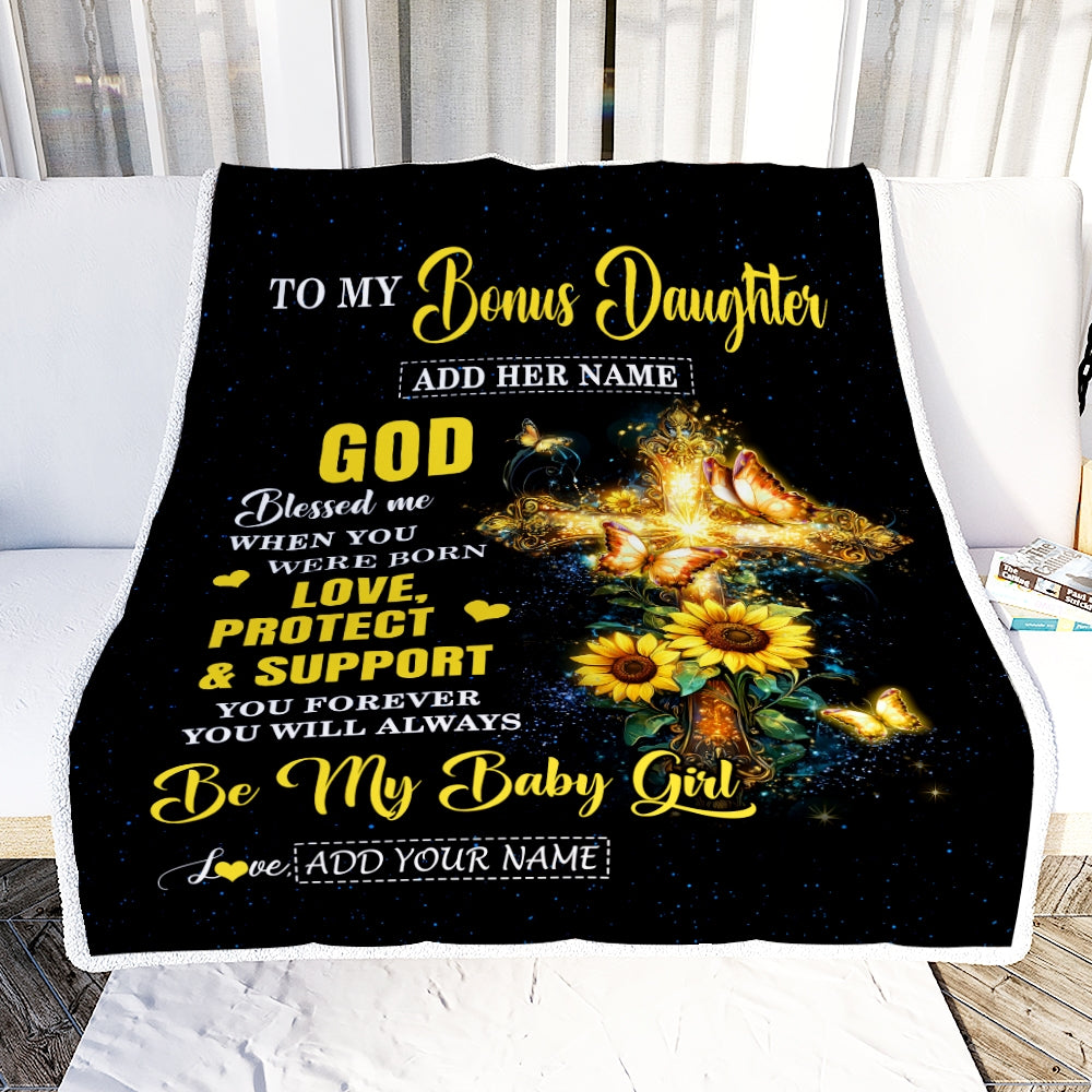 Personalized To My Bonus Daughter Gifts From Stepmom Blanket Cross Sunflower Christian Blessed Stepdaughter Birthday Gift Graduation Christmas Fleece Blanket | teecentury