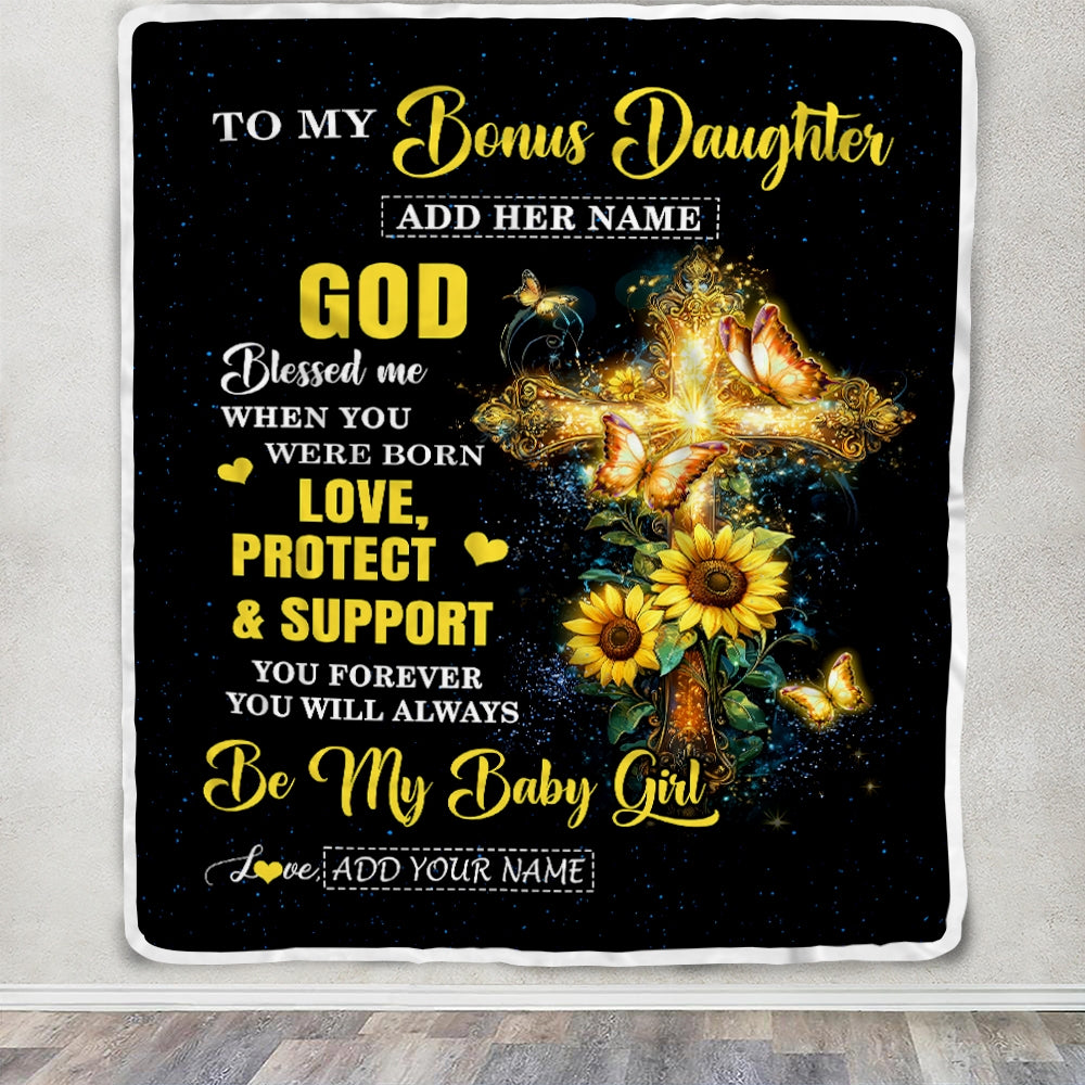 Personalized To My Bonus Daughter Gifts From Stepmom Blanket Cross Sunflower Christian Blessed Stepdaughter Birthday Gift Graduation Christmas Fleece Blanket | teecentury