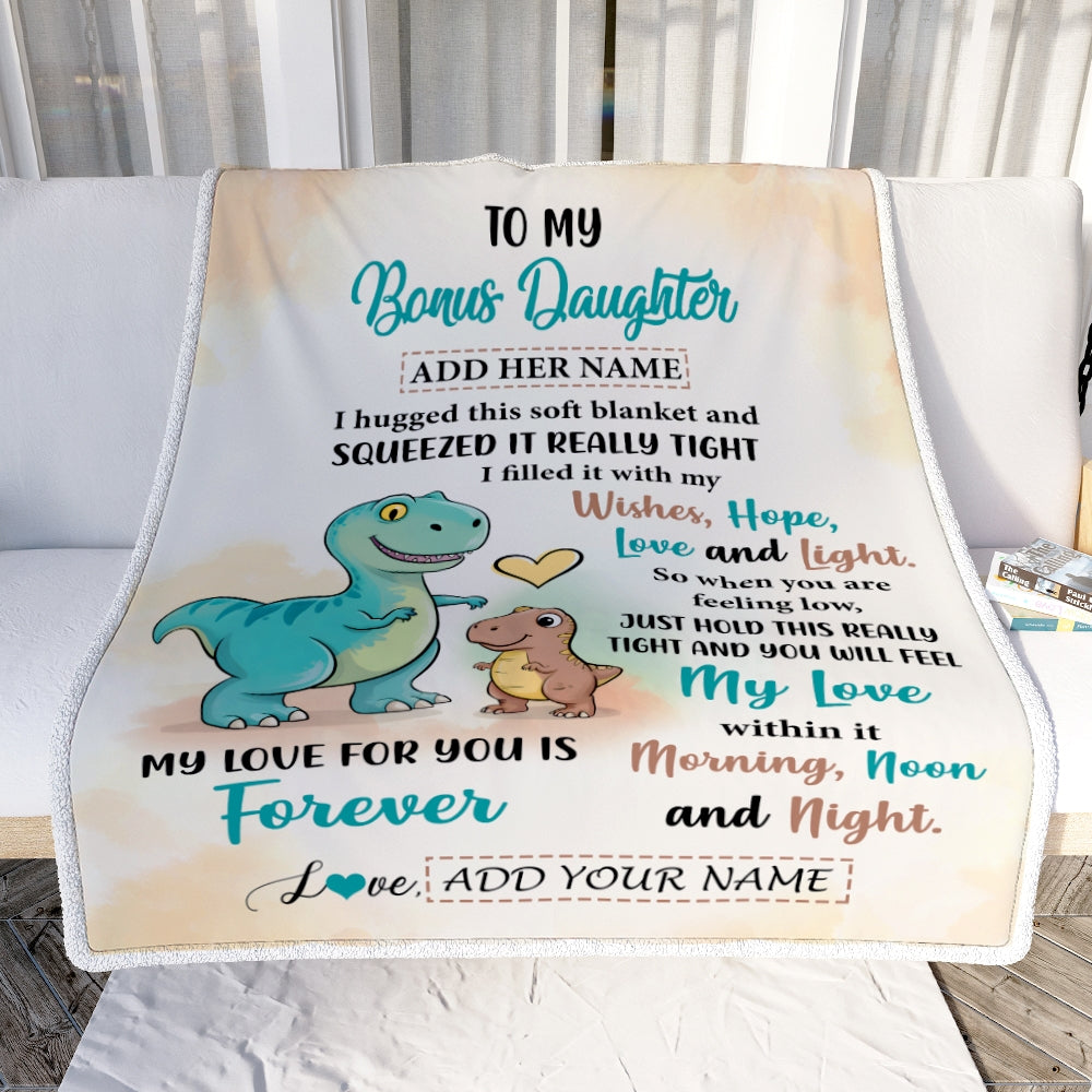 Personalized To My Bonus Daughter Gifts From Stepmom Blanket Dinosaur Letter I Hugged This Gifts For Stepdaughter Birthday Graduation Christmas Fleece Blanket | teecentury