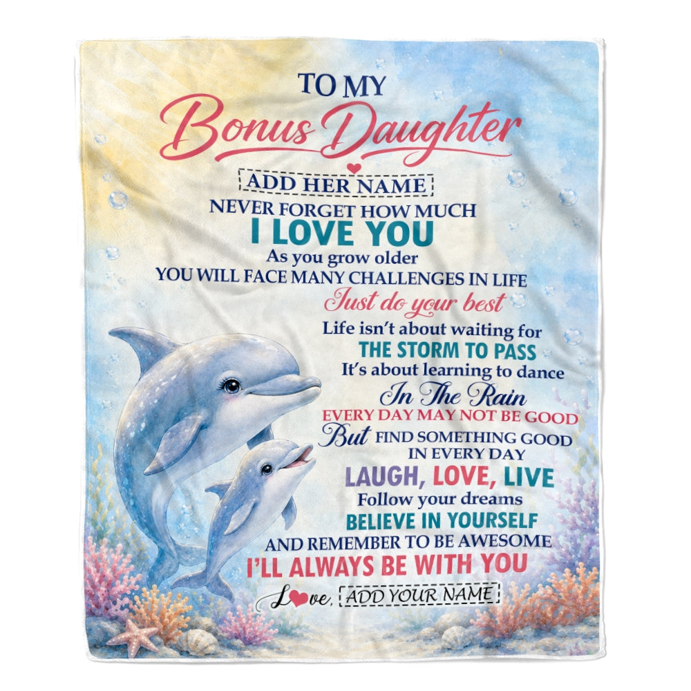 Personalized To My Bonus Daughter Gifts From Stepmom Blanket Dolphin Ocean Love Message Birthday Christmas Gift For Stepdaughter Custom Fleece Throw Blanket | teecentury