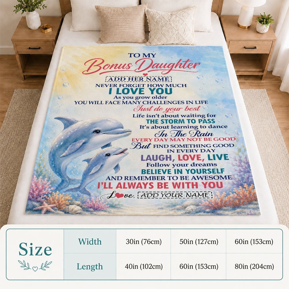 Personalized To My Bonus Daughter Gifts From Stepmom Blanket Dolphin Ocean Love Message Birthday Christmas Gift For Stepdaughter Custom Fleece Throw Blanket | teecentury
