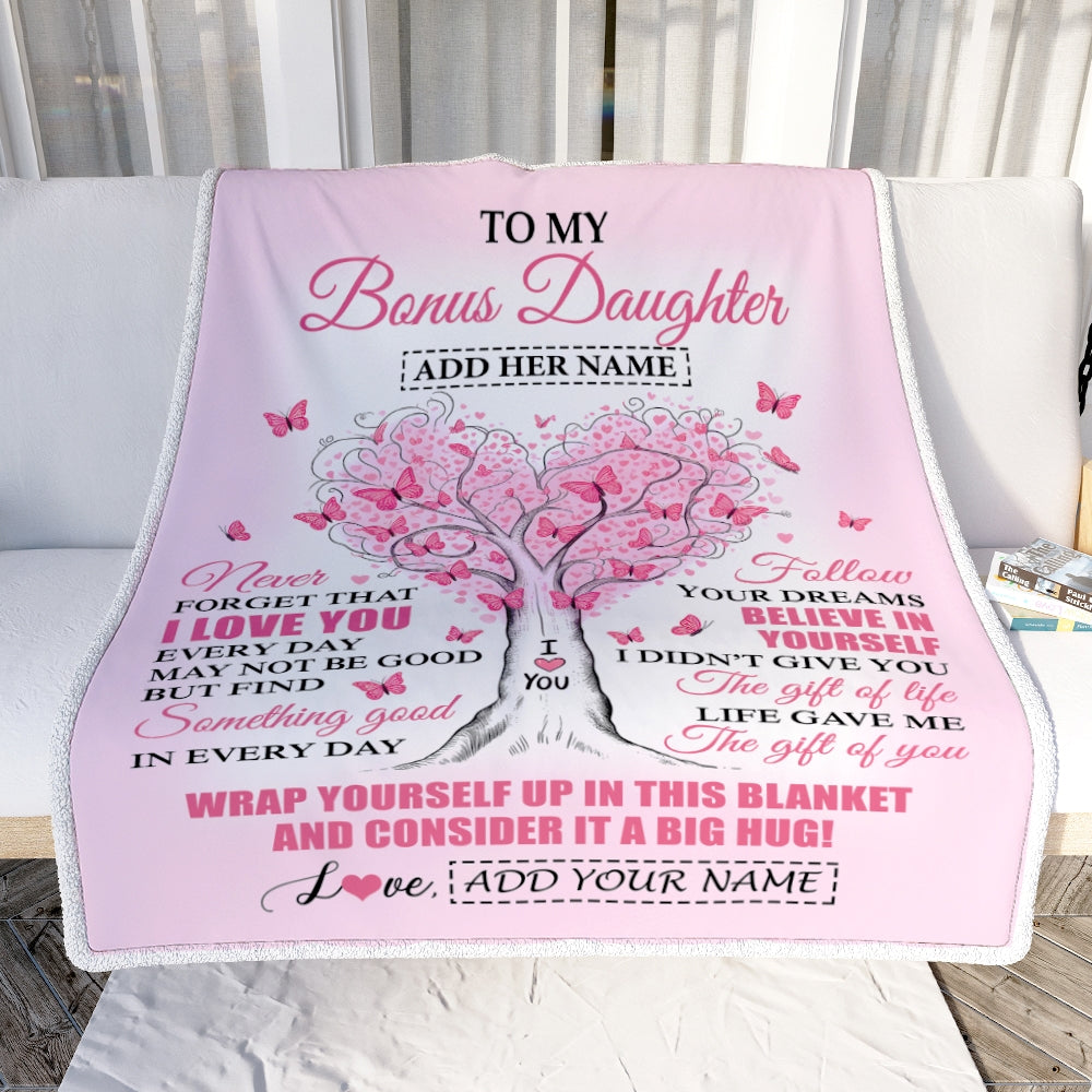 Personalized To My Bonus Daughter Gifts From Stepmom Blanket Heart Tree Butterfly Believe In Yourself Birthday Gifts For Stepdaughter Christmas Fleece Blanket | teecentury