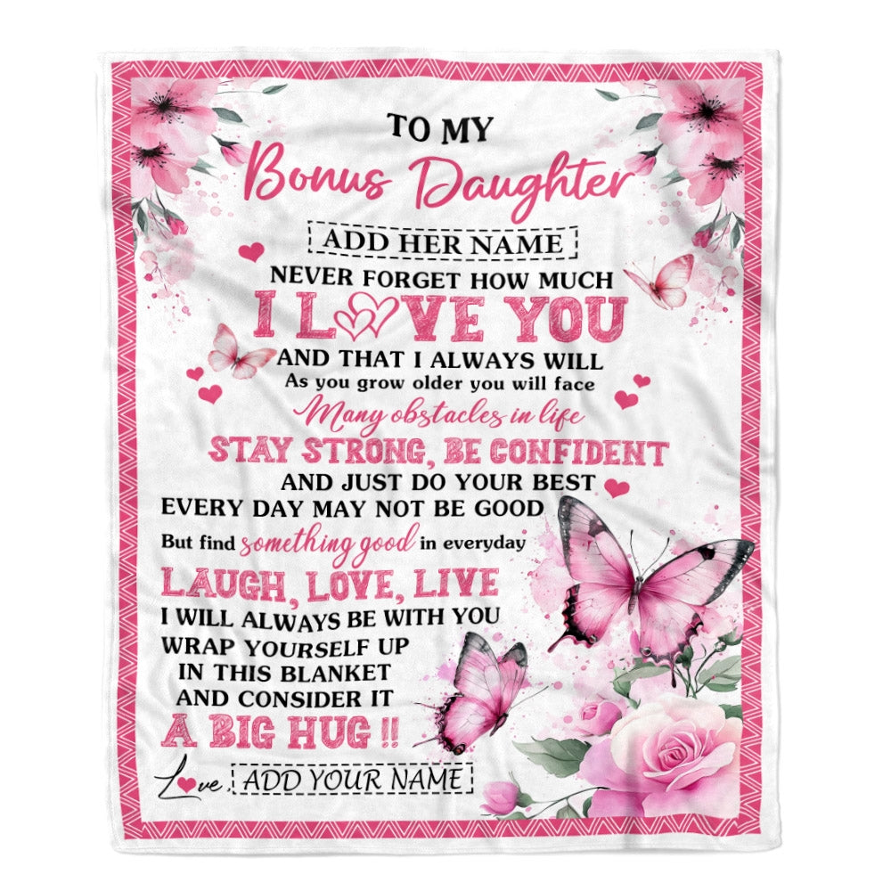 Personalized To My Bonus Daughter Gifts From Stepmom Blanket I Love You Butterfly Birthday Gifts For Stepdaughter Graduation Christmas Fleece Throw Blanket | teecentury