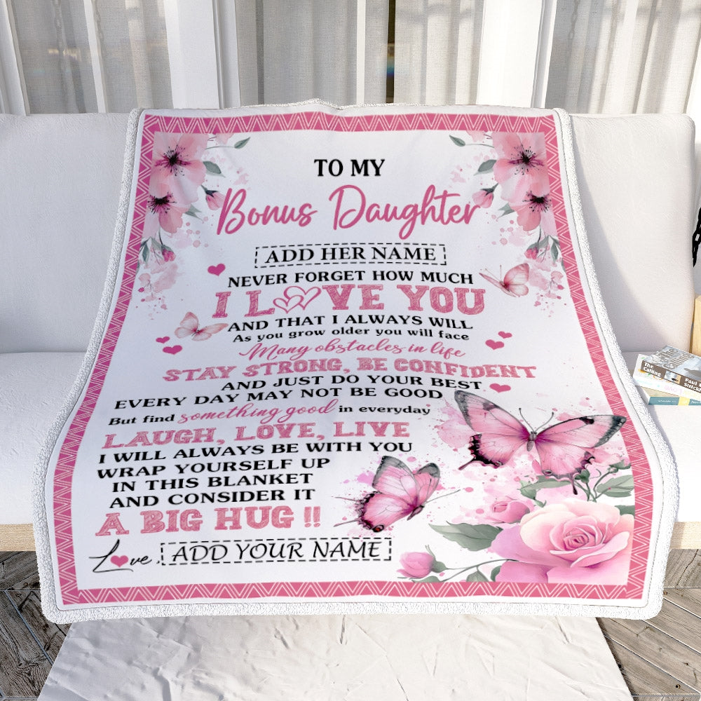 Personalized To My Bonus Daughter Gifts From Stepmom Blanket I Love You Butterfly Birthday Gifts For Stepdaughter Graduation Christmas Fleece Throw Blanket | teecentury