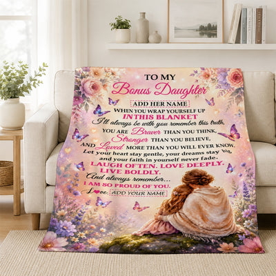 Personalized To My Bonus Daughter Gifts From Stepmom Blanket Inspirational Message Purple Butterfly Birthday Gifts For Stepdaughter Christmas Fleece Blanket | teecentury