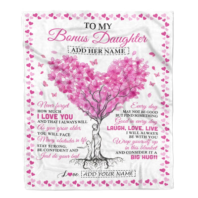 Personalized To My Bonus Daughter Gifts From Stepmom Blanket Pink Heart Tree I Love You Custom Birthday Gifts For Stepdaughter Christmas Fleece Blanket | teecentury