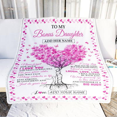 Personalized To My Bonus Daughter Gifts From Stepmom Blanket Pink Heart Tree I Love You Custom Birthday Gifts For Stepdaughter Christmas Fleece Blanket | teecentury