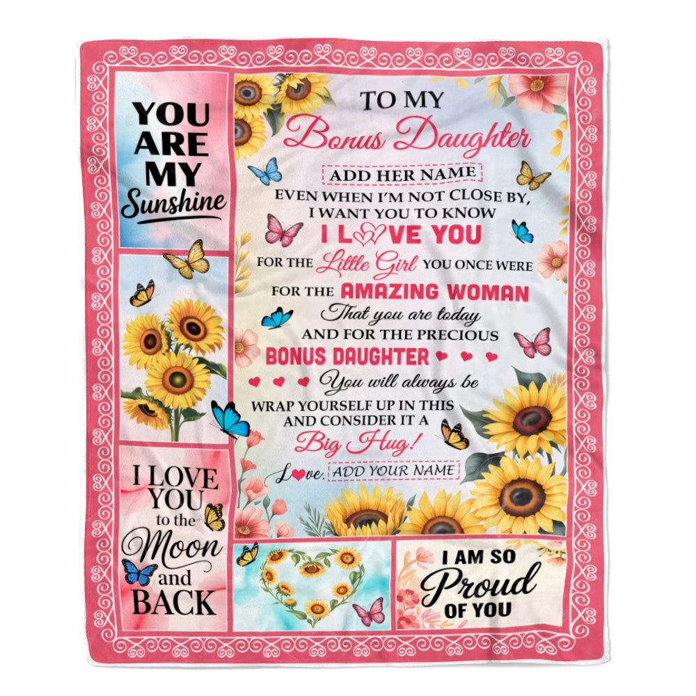 Personalized To My Bonus Daughter Gifts From Stepmom Blanket Sunflower Butterfly Amazing Stepdaughter Birthday Gift Valentines Christmas Custom Fleece Blanket | teecentury