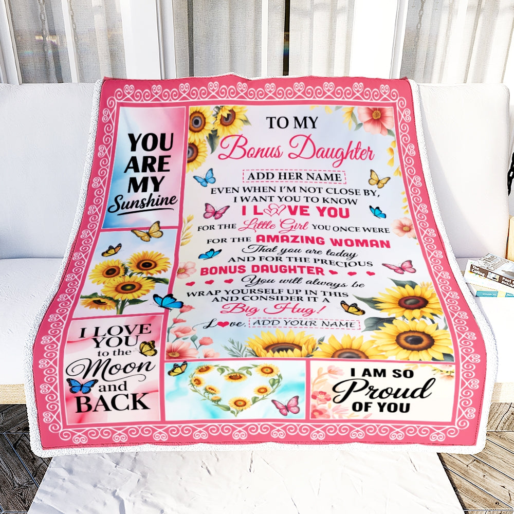 Personalized To My Bonus Daughter Gifts From Stepmom Blanket Sunflower Butterfly Amazing Stepdaughter Birthday Gift Valentines Christmas Custom Fleece Blanket | teecentury