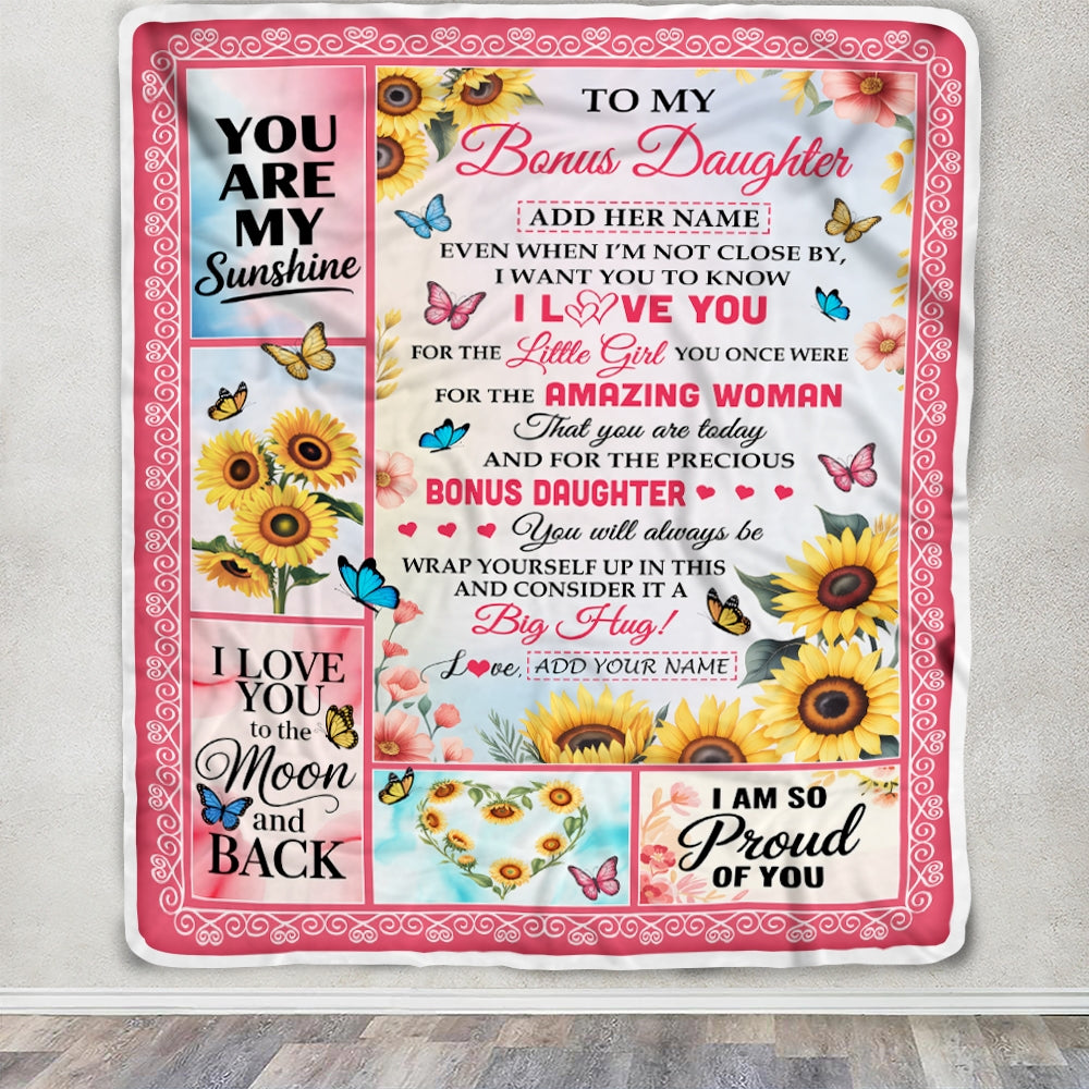 Personalized To My Bonus Daughter Gifts From Stepmom Blanket Sunflower Butterfly Amazing Stepdaughter Birthday Gift Valentines Christmas Custom Fleece Blanket | teecentury