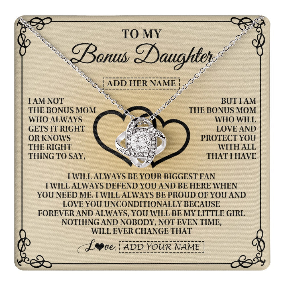 Love Knot Necklace 14K White Gold Finish | 1 | Personalized To My Bonus Daughter Gifts From Stepmom Bonus Daughter Birthday Gifts Jewelry Women Stepdaughter Pendant Necklace Christmas Gift Box Message Card | teecentury.myshopify