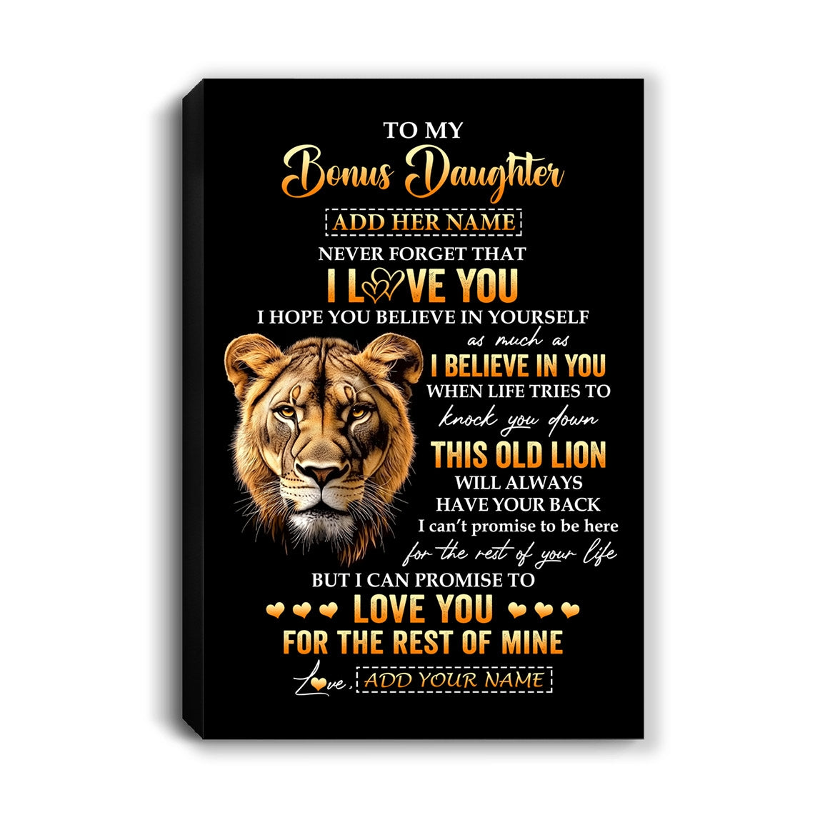 Personalized To My Bonus Daughter Gifts From Stepmom Canvas Old Lion Love You Stepdaughter Birthday Gifts Graduation Christmas Custom Wall Art Print Framed Canvas | teecentury