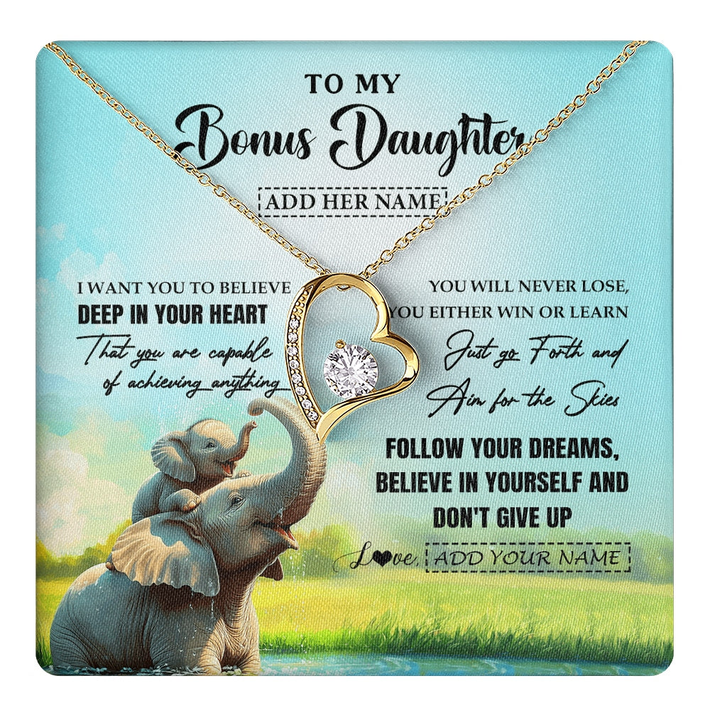 Forever Love Necklace 18K Yellow Gold Finish | 1 | Personalized To My Bonus Daughter Gifts From Stepmom Necklace Don't Give Up Elephant Gifts For Stepdaughter Birthday Graduation Christmas Gift Box Message Card | https://teecentury.